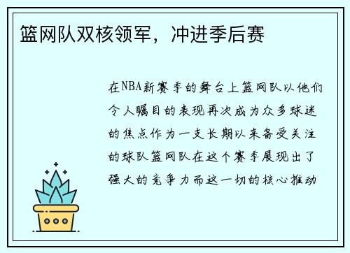 篮网队双核领军，冲进季后赛